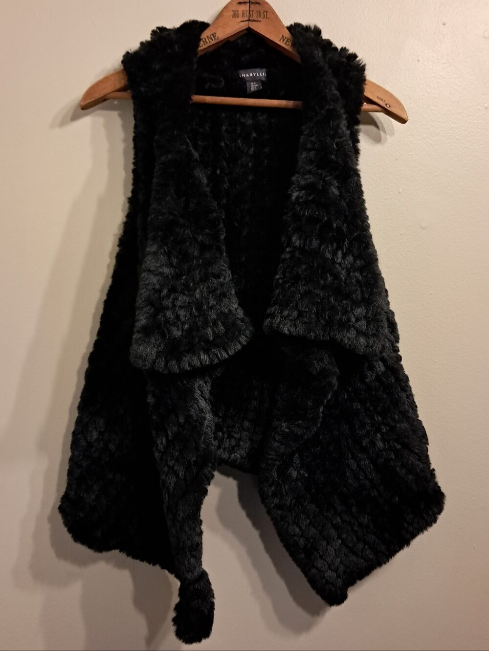 Amaryllis Black Faux Fur Draped Vest with Open Front